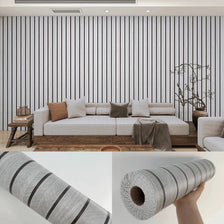 Roll of self-adhesive wood grain wallpaper featuring vertical gray and white stripes.