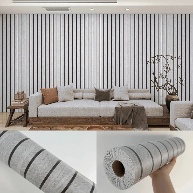 Roll of self-adhesive wood grain wallpaper featuring vertical gray and white stripes.