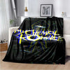 A black fleece throw blanket featuring the My Chemical Romance band logo in yellow and blue text.