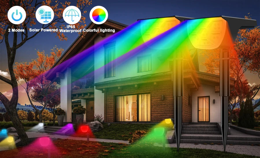 Colorful solar powered waterproof landscape spotlights illuminating a modern house facade at night