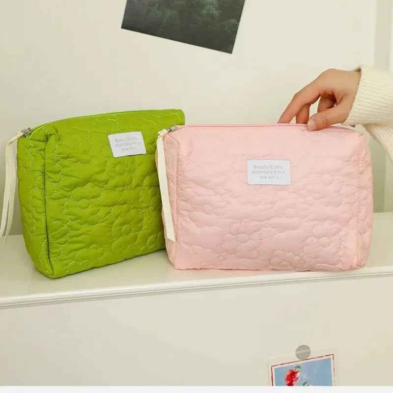 Quilted Floral Cosmetic Bag with Zipper Closure