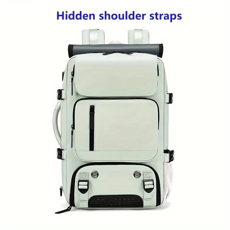 A light green laptop backpack featuring hidden shoulder straps and a separate shoe storage compartment.
