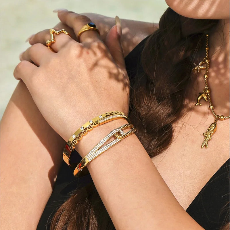 Openable Gold-Plated Zircon Bangle Bracelet