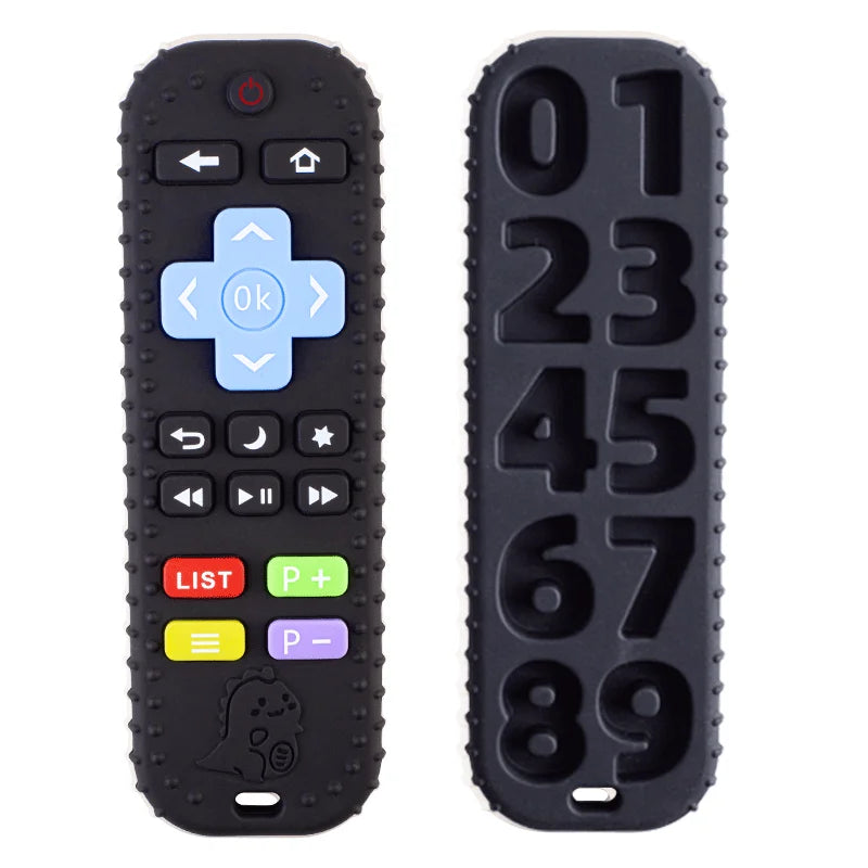 A black silicone baby teether toy shaped like a remote control with various buttons and numbers.