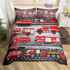 A set of firefighter themed duvet covers featuring various red and white fire engine vehicles.