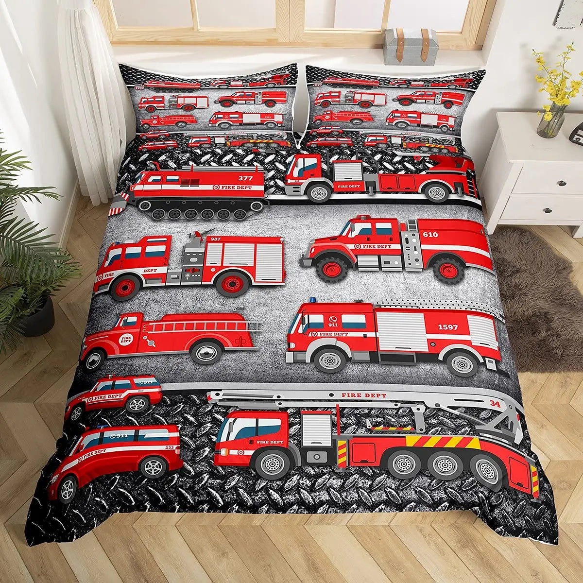 A set of firefighter themed duvet covers featuring various red and white fire engine vehicles.