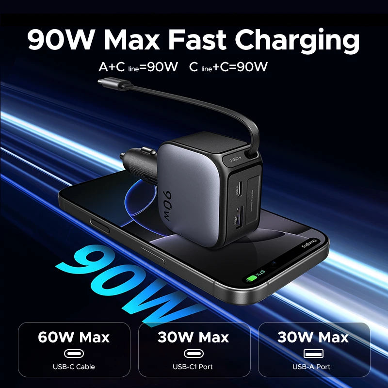 145W USB-C & USB-A Car Charger with Retractable Cable