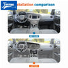 Comparison showing before and after installation of a carbon fiber interior trim kit in a Dodge Charger.