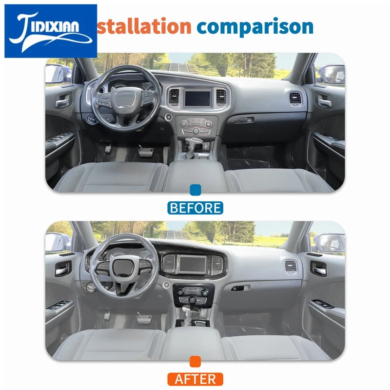 Comparison showing before and after installation of a carbon fiber interior trim kit in a Dodge Charger.