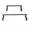 Black over-cabinet towel rack with adjustable height and support arms.