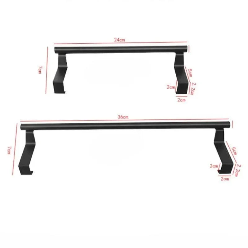 Black over-cabinet towel rack with adjustable height and support arms.