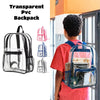 A boy is wearing a transparent PVC backpack with cushioned straps, shown in a full-body view.