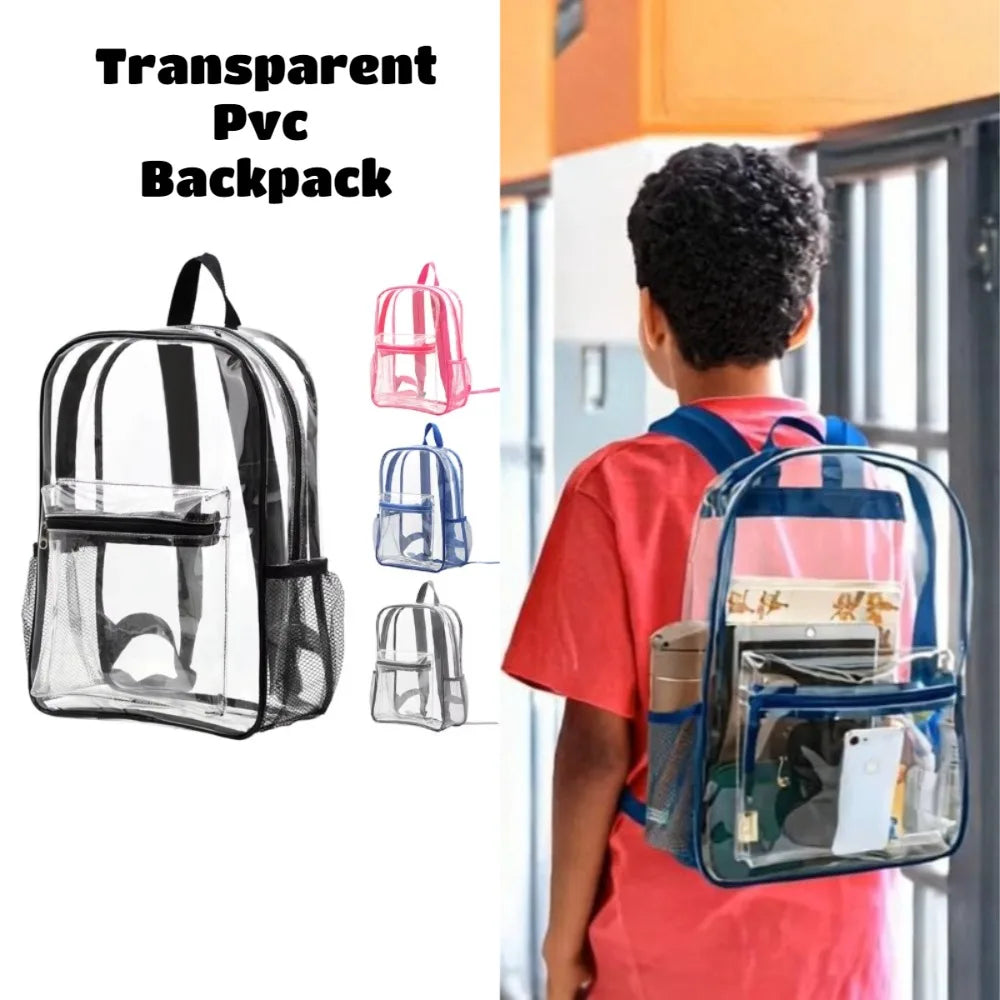 A boy is wearing a transparent PVC backpack with cushioned straps, shown in a full-body view.