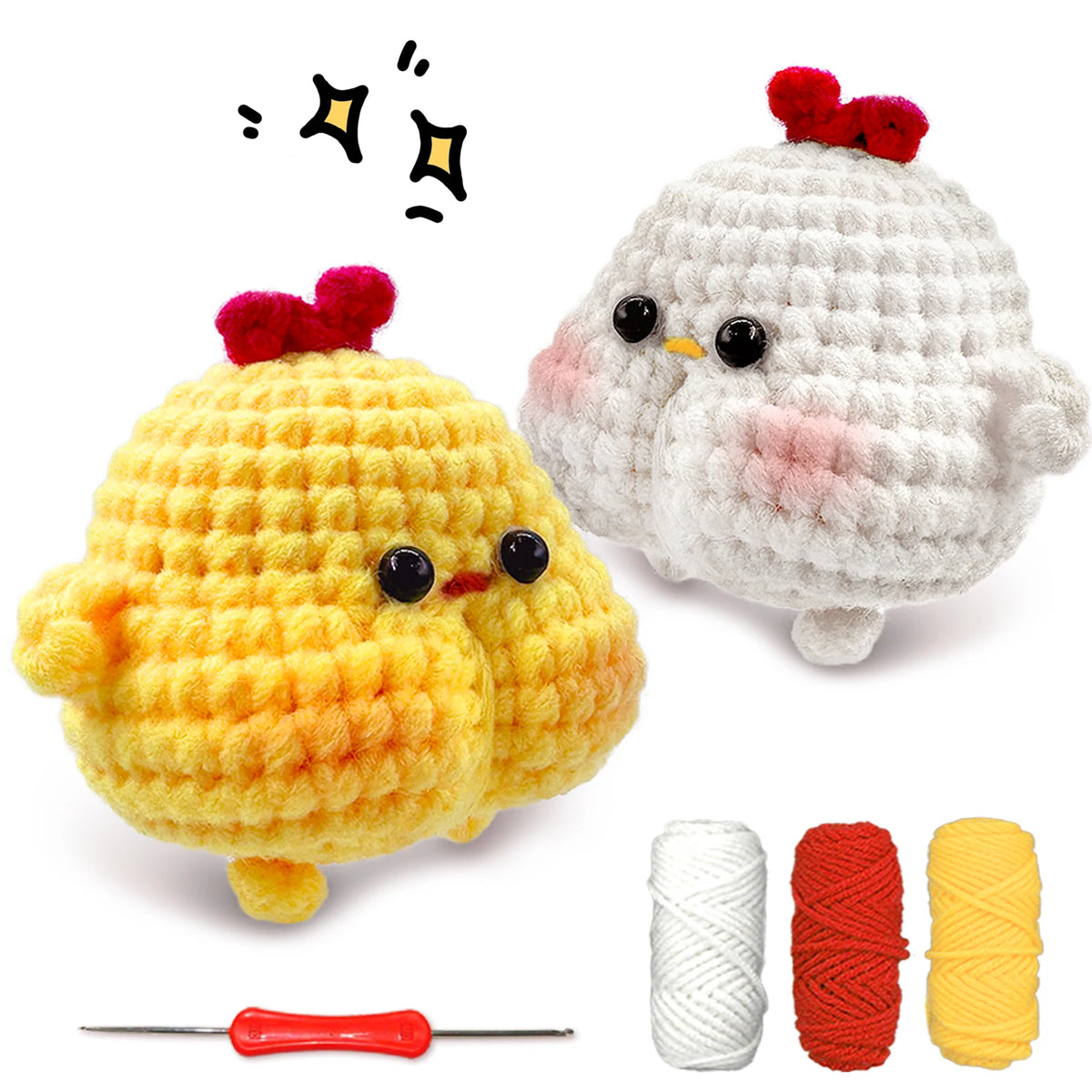 A beginner crochet kit featuring two stuffed yellow and white chick figures with a needle.
