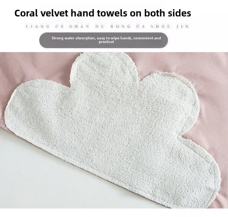 Coral velvet hand towels on both sides shown against a pink background