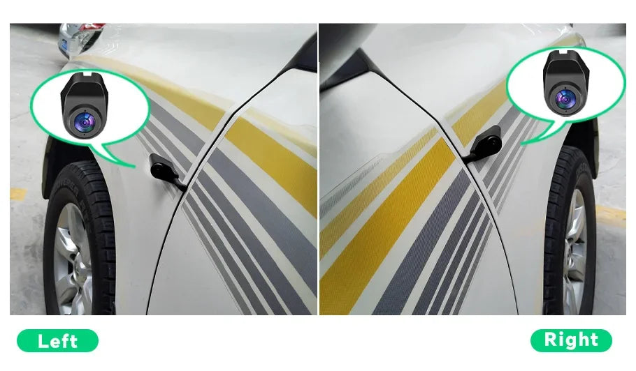 Two views of a car showing the front and side cameras for a 4-channel 4K dash cam with blind spot monitoring.