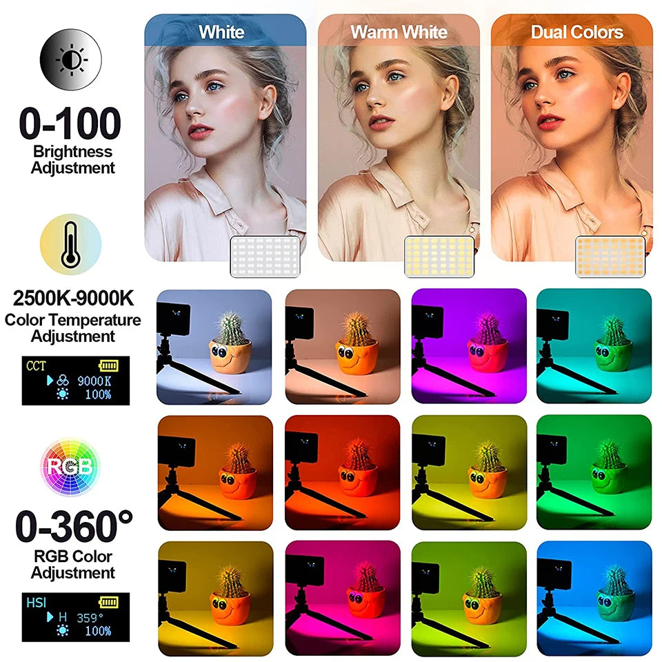 Portable RGB LED video light panel showing brightness adjustment options and color temperature settings.