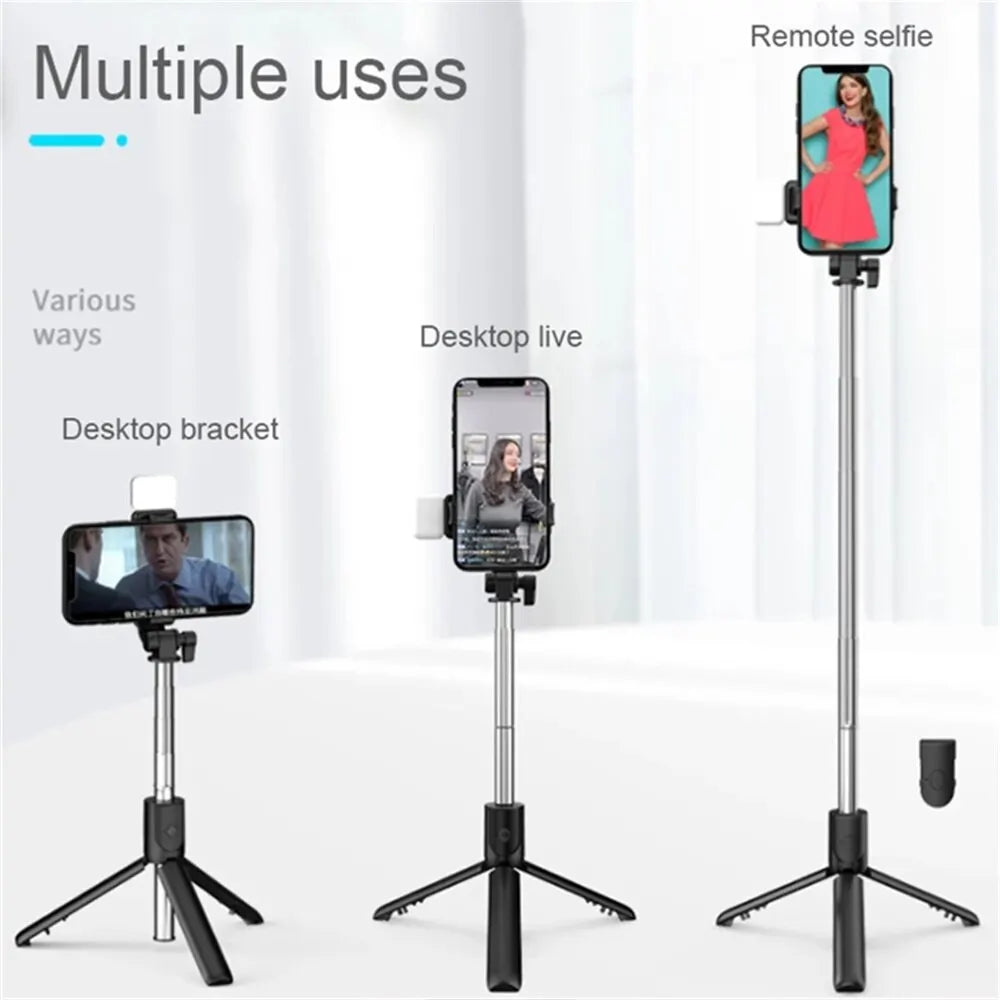 A portable Bluetooth selfie stick tripod with a fill light is shown in various uses, including desktop and remote selfie mode