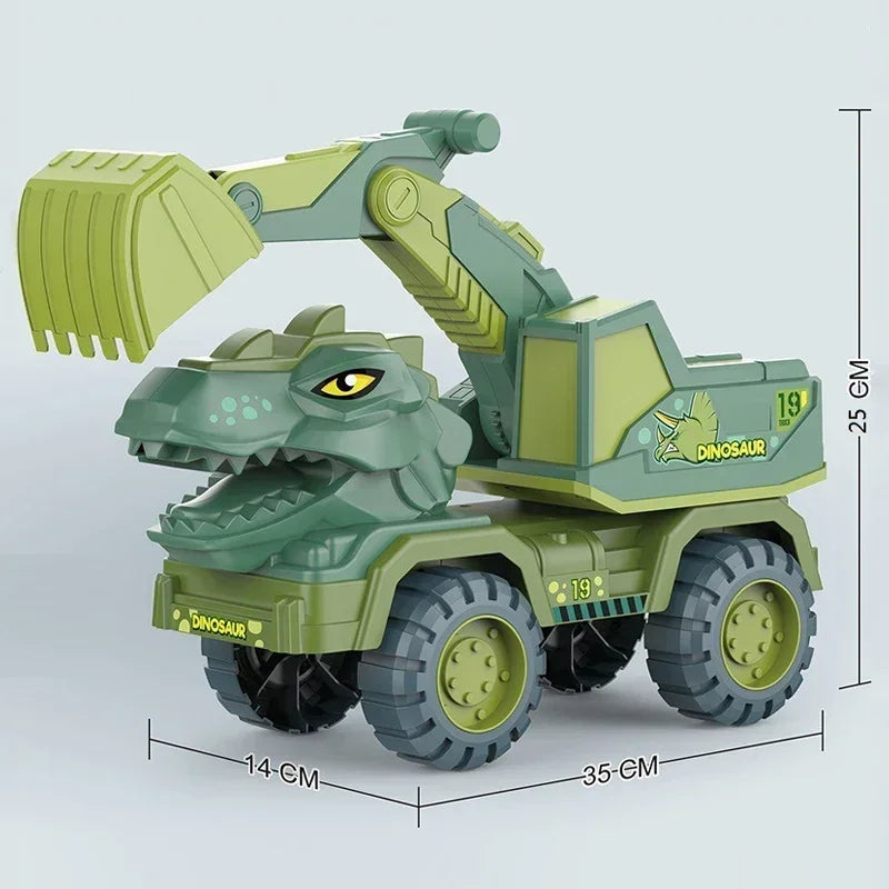 A green dinosaur transport truck model featuring a T-Rex figure and a large claw attachment.