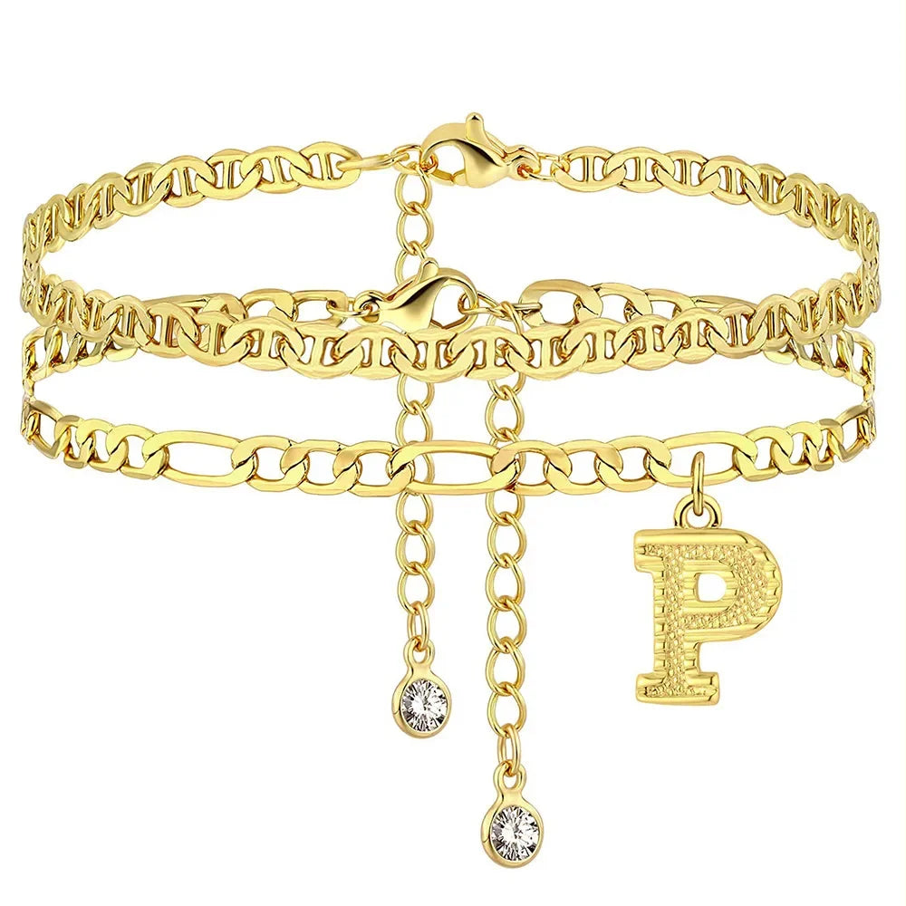 Gold stainless steel initial anklet featuring a chain bracelet and a pendant letter P