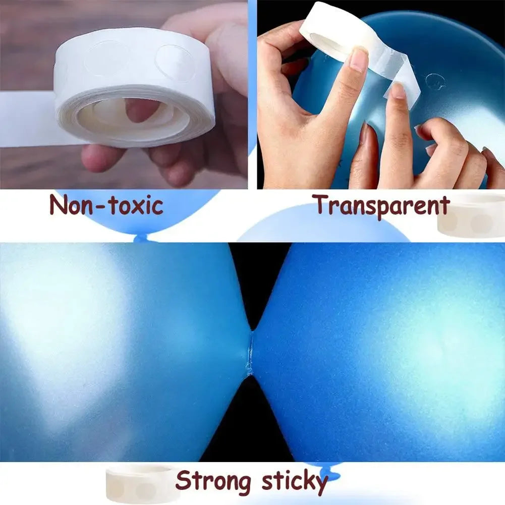 Images showing a white adhesive dot, a transparent blue material, and a strong sticky blue surface.