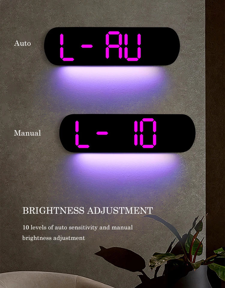 A digital wall clock displays 'L-AU' and 'L-10' options for auto and manual brightness adjustment.