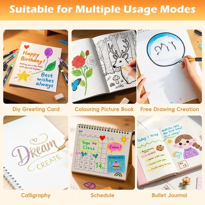 A set of 24-color dual-ended glitter pens with quick-dry glue ink shown for various crafting and journaling projects.