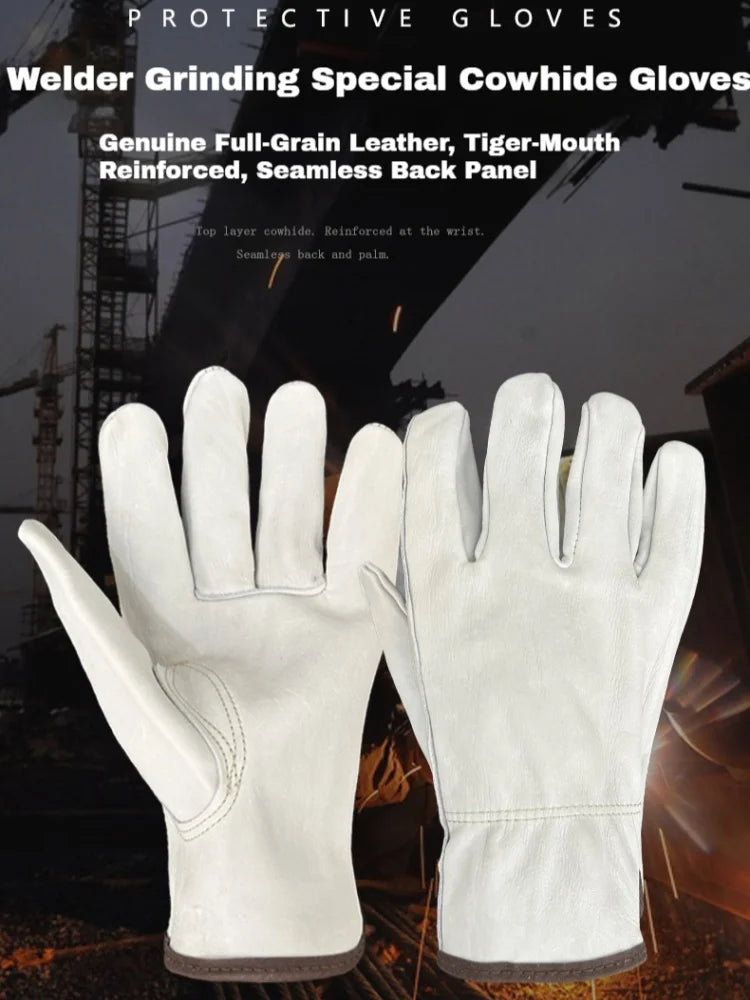 A pair of white protective gloves made of full-grain leather for welding and grinding work.