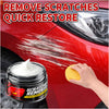A hand applies a white scratch remover product to a red car body, demonstrating quick restoration.