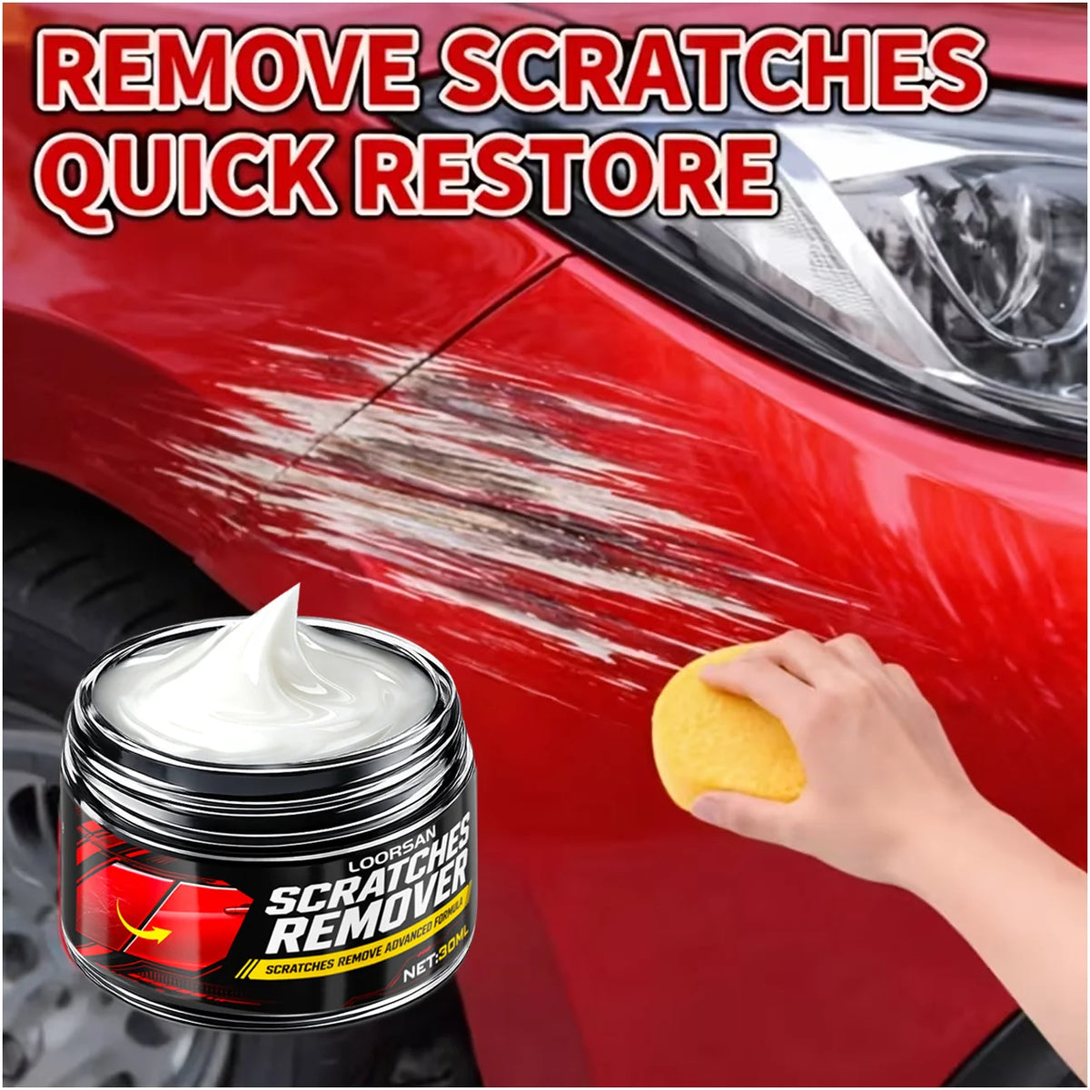 A hand applies a white scratch remover product to a red car body, demonstrating quick restoration.