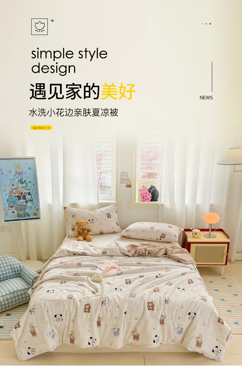 A simple style bedroom featuring a bed with a lace-trim breathable summer duvet and light decor.