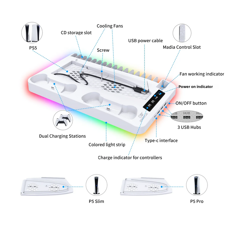 PS5 Cooling Stand with RGB Lighting & Dual Controller Charger