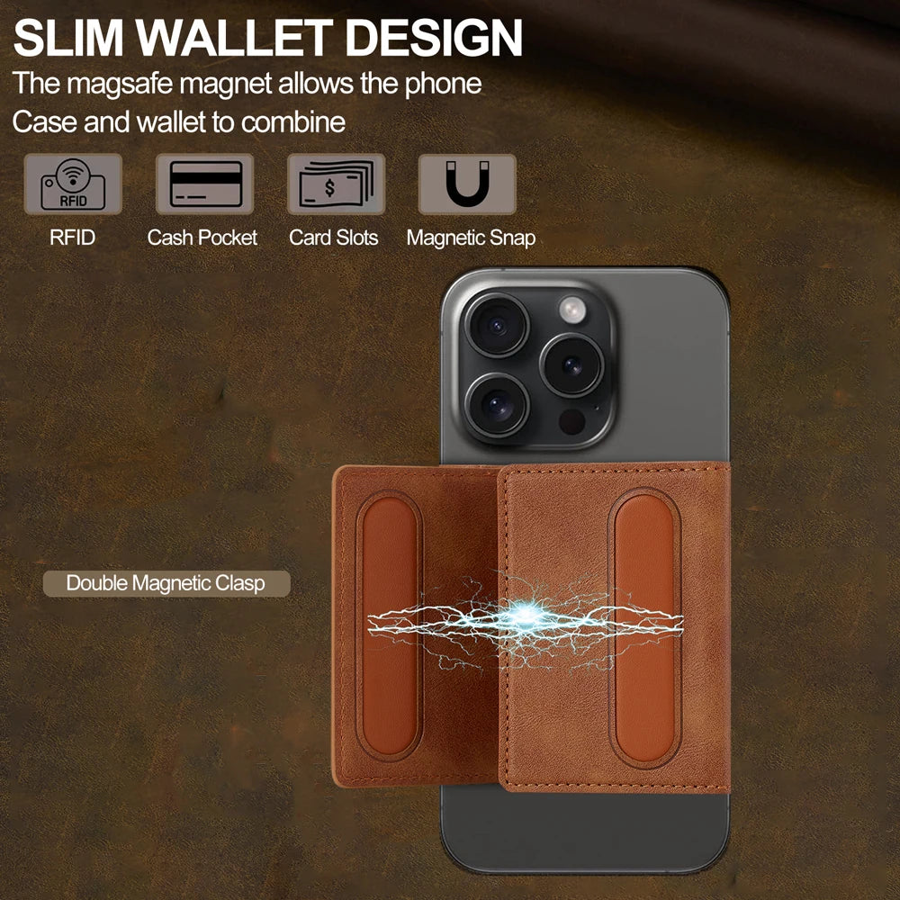 A brown magnetic wallet case is shown attached to an iPhone, demonstrating a double magnetic clasp feature.