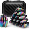 A pile of iridescent magnetic fidget balls with a black storage case.