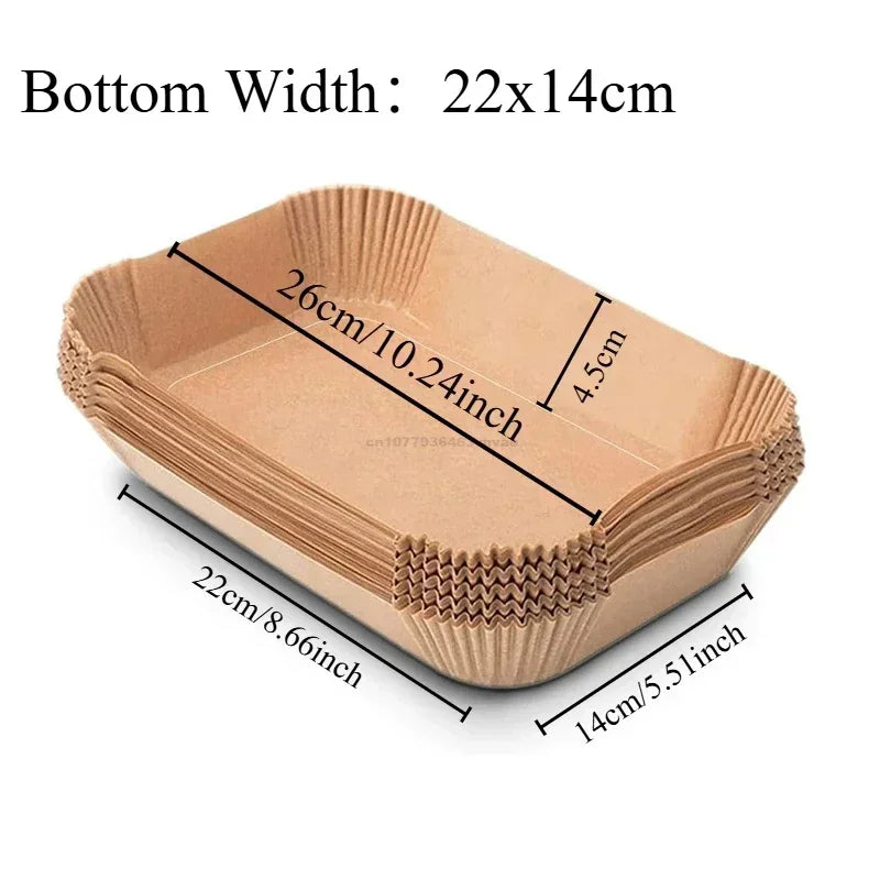 Disposable air fryer parchment paper liners in light brown color showing the bottom dimensions.