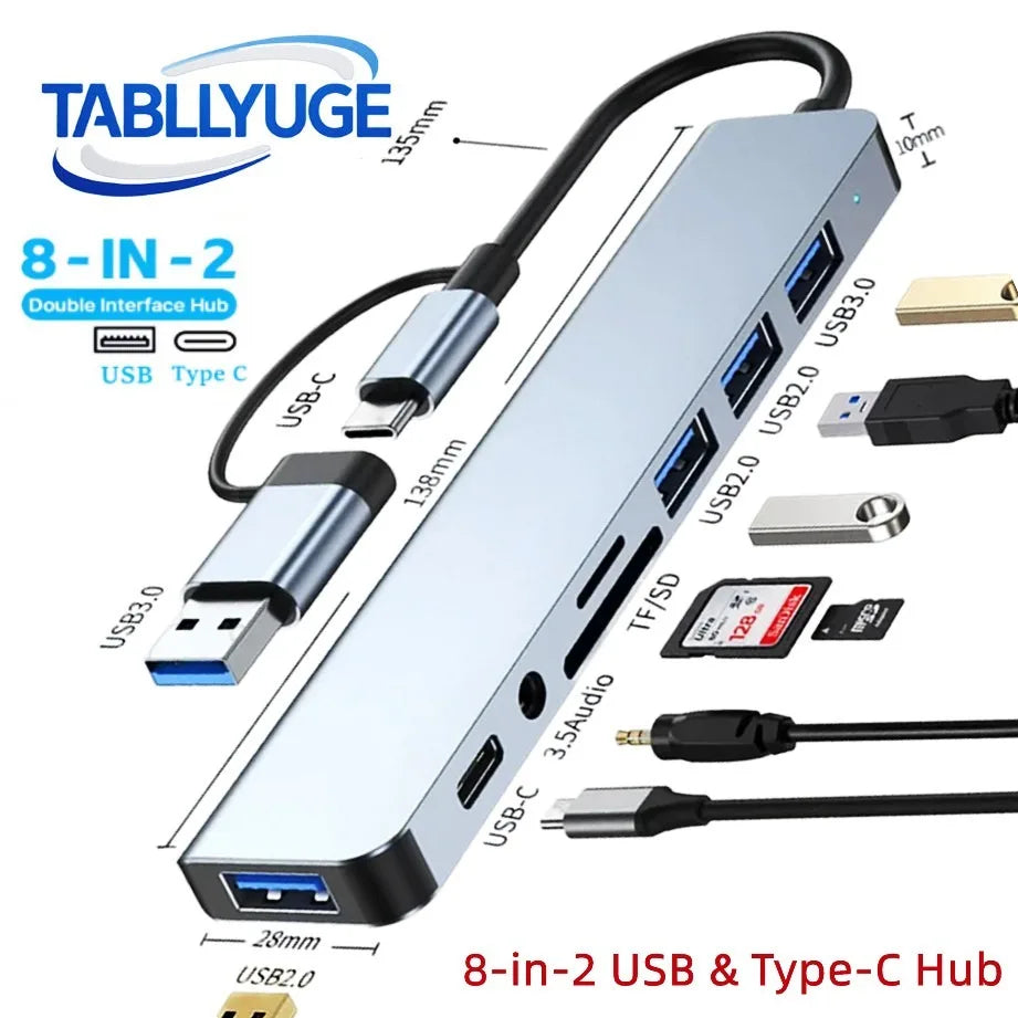 8-in-2 USB-C Hub with SD/TF Card Reader and Audio Jack