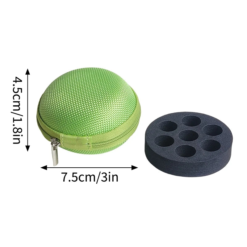 A green mesh storage case with a zippered top and a black circular insert for insulin or peptide vials.