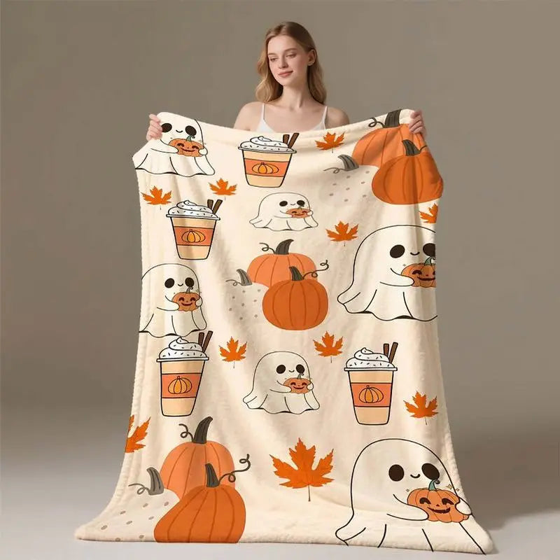 A beige flannel throw blanket featuring an autumn design with pumpkins and maple leaves.