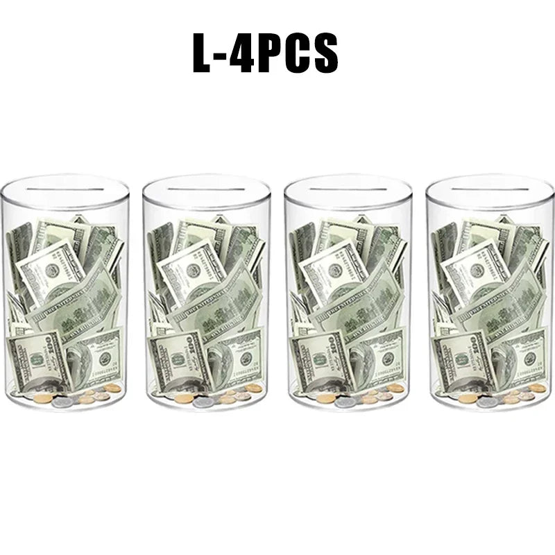 Four clear acrylic piggy banks filled with US dollar bills and coins.