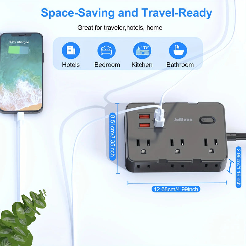 Ultra-Slim Flat Power Strip with 6 Outlets and 4 USB Ports
