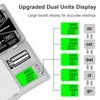 A high-precision digital pocket scale showing multiple readings on a green dual display.
