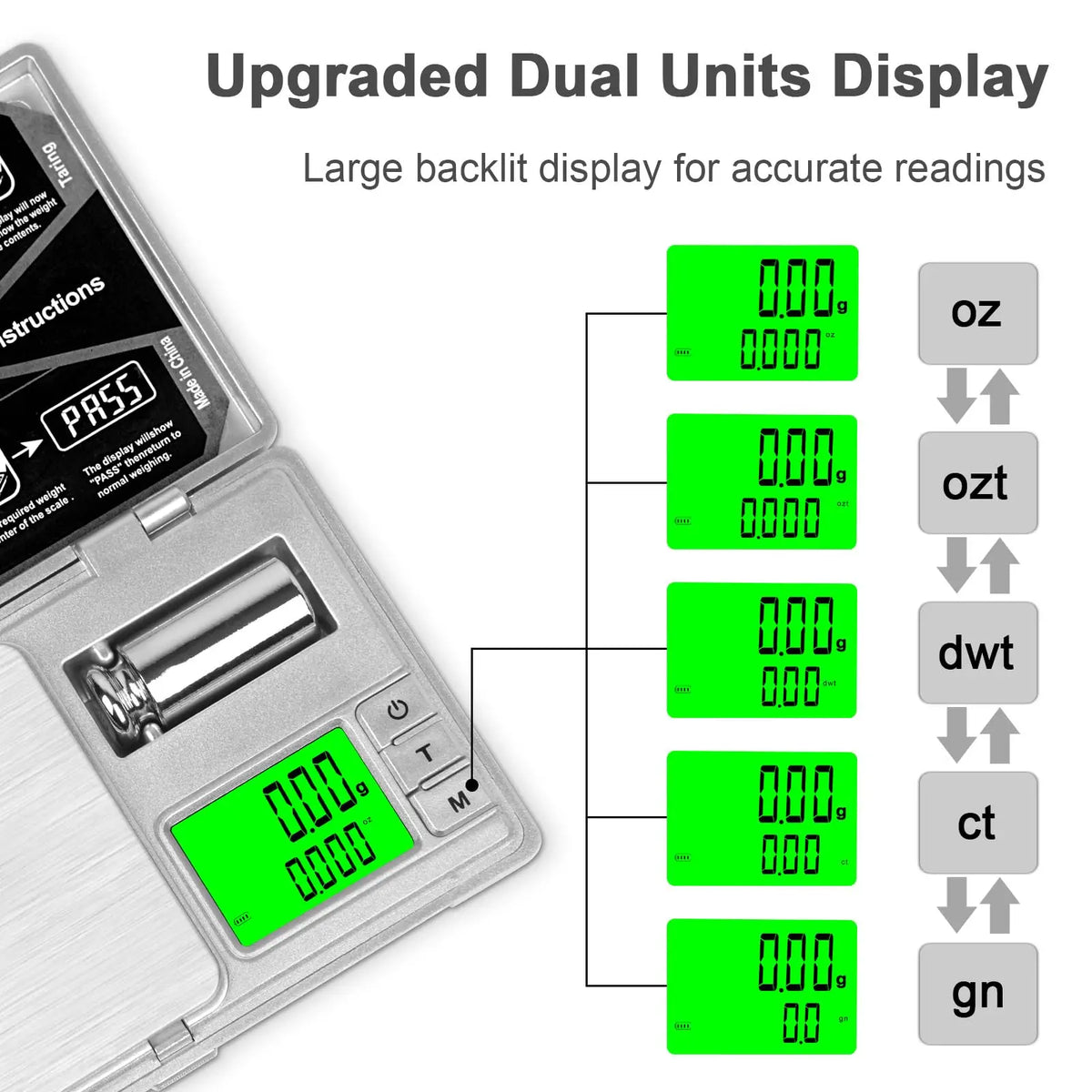 A high-precision digital pocket scale showing multiple readings on a green dual display.