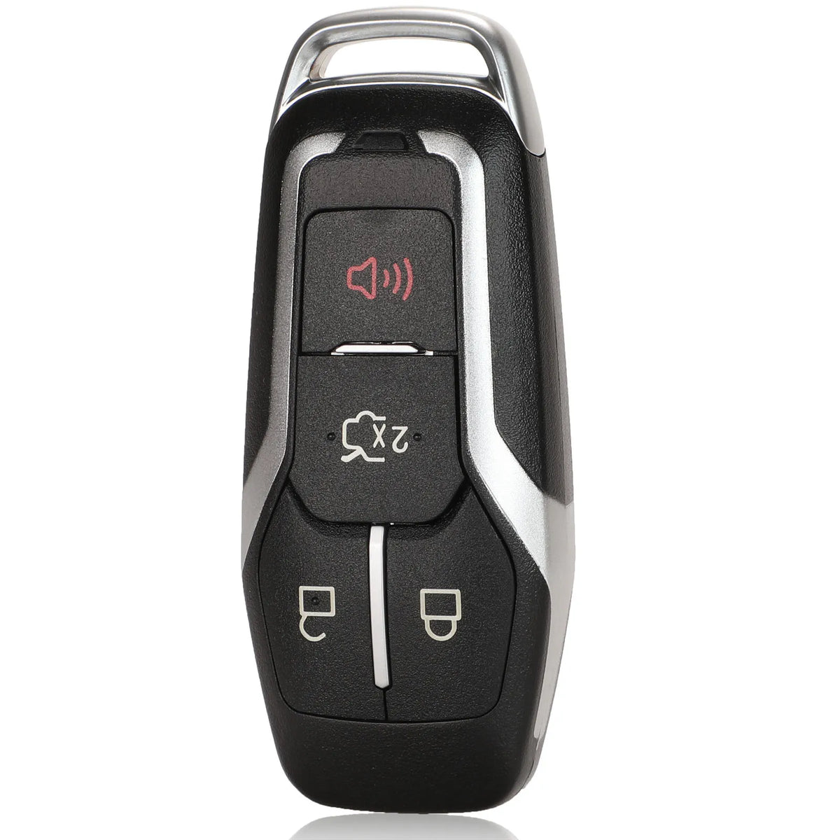 A black Ford smart key replacement shell with a silver finish and various buttons.