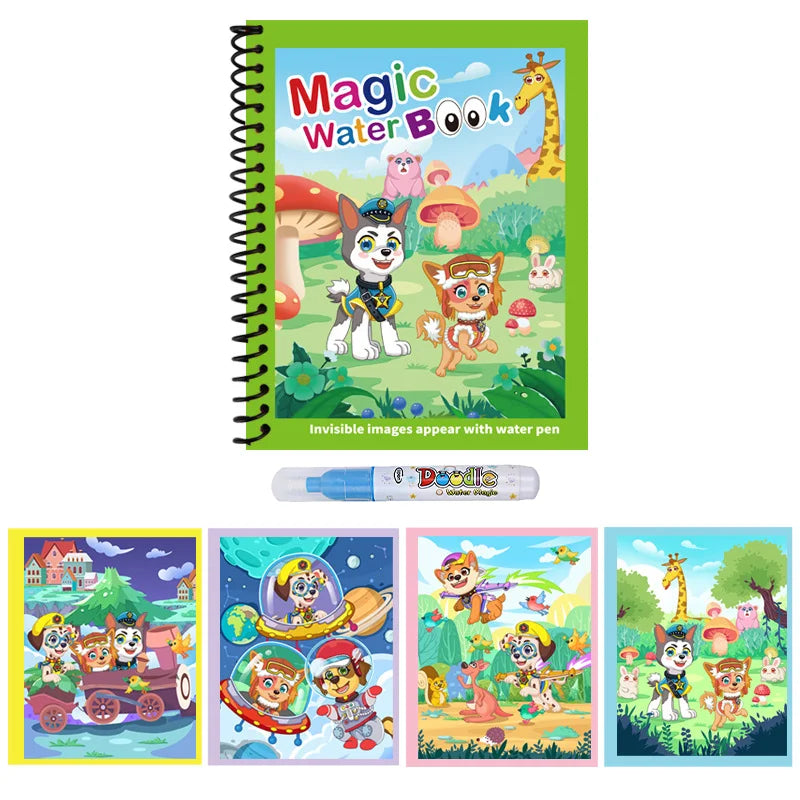 A green spiral notebook titled Magic Water Book showing colorful illustrations of animals and nature.