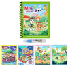 A green spiral notebook titled Magic Water Book showing colorful illustrations of animals and objects.