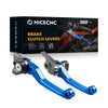 A set of blue and black CNC aluminum brake and clutch levers for dirt bikes displayed next to its packaging.