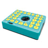 A teal puzzle board game with yellow pegs and a timer dial for matching challenges.