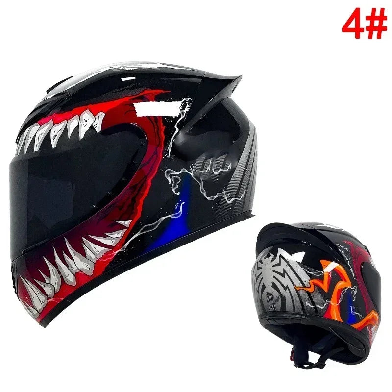 Black motorcycle helmet featuring a red and white graphic design with a fierce dragon motif