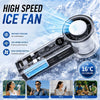 A high speed ice fan is shown with various modes and a portable rechargeable handheld version, demonstrating instant cooling 