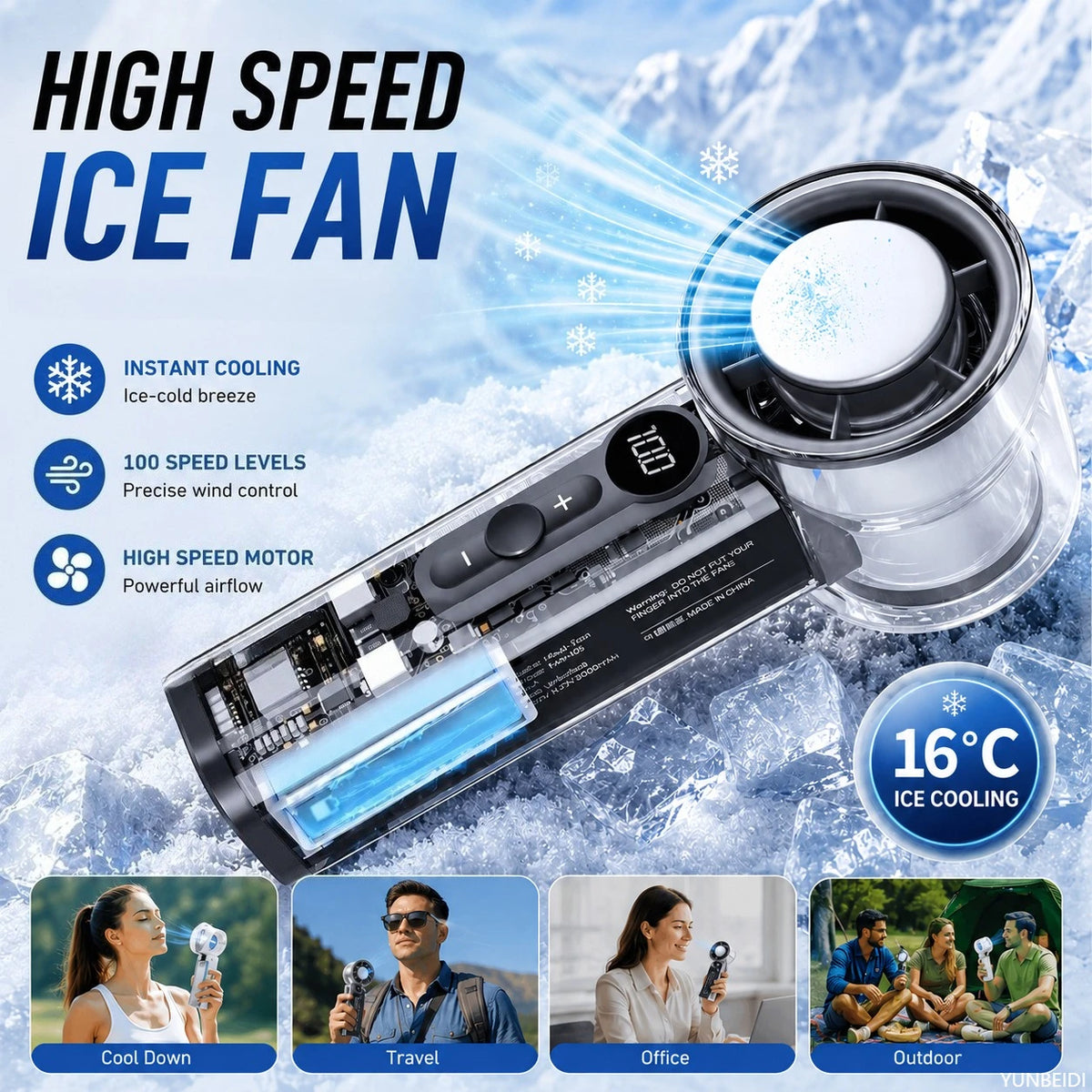A high speed ice fan is shown with various modes and a portable rechargeable handheld version, demonstrating instant cooling 